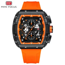 black case, black dial, orange silicone strap